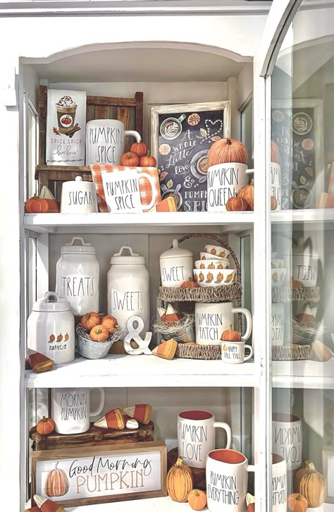 Rae Dunn Canister Display, Muted Fall Decor, Rae Dunn Hutch Display, Rae Dunn Thanksgiving, Rae Dunn Fall, Rae Dunn Display, Hutch Ideas, Rae Dunn Decor, Tray Decor Christmas