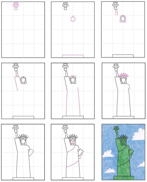 Statue Of Liberty Art, Statue Of Liberty Drawing, New York Drawing, Landmark Poster, New York Statue, Liberty Art, Fall Art Projects, Patriotic Art, Art Projects For Kids