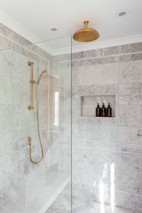 Shower Ceiling Ideas, Erin Kestenbaum, Coastal Connecticut, Pencil Tile, Shower Ceiling, Small Half Bathroom, Stone Shower, Dream Shower, Farmhouse Shower