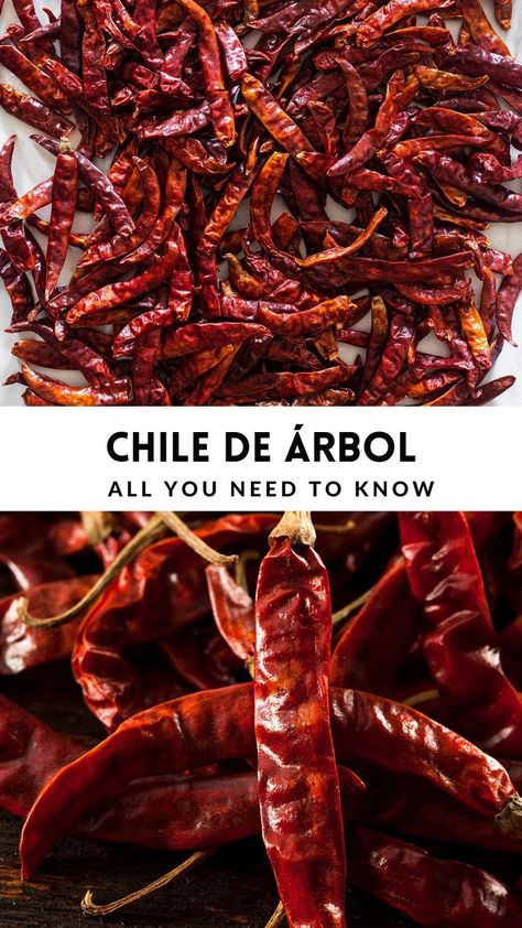 Collage with two photos of chile de arbol peppers and text overlay.