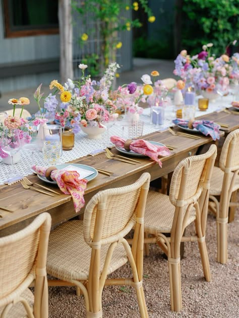 Pastel Blue and Purple Set an Enchanting Tone at This Wedding at Cactus Moon Lodge in Dripping Springs, Texas Pastel Floral Table Decor, Colourful Table Setting Wedding, Pastel Color Wedding Theme Table Settings, Wedding Themes Pastel, Boho Tablescape Wedding, Floral Party Theme Birthday, Pastel Outdoor Wedding, Pink Purple Blue Green Wedding, Summer 2025 Wedding