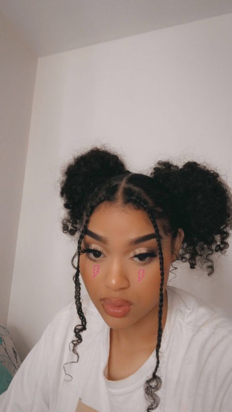 Bun Middle Part, Space Bun, 4a Hair, Braided Bangs, Space Buns, Two Braids, Curly Hair Inspiration, Braided Bun, 4c Hairstyles