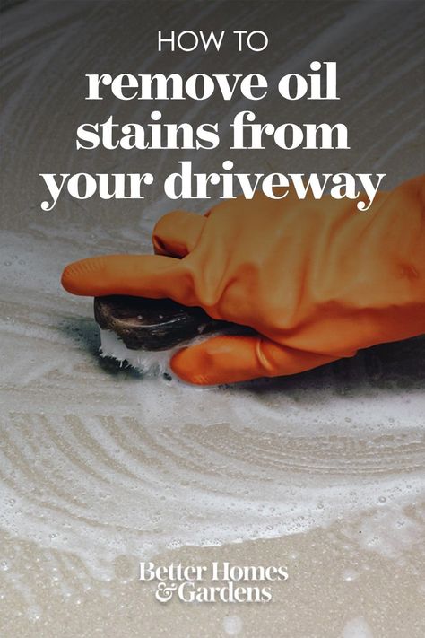 Get rid of oil residue and pesky driveway stains with these easy cleaning tips. How To Get Oil Stains Off Driveway, Oil Stains On Driveway, How To Clean Oil Off Driveway, Remove Oil Stains From Driveway, Remove Oil From Driveway, Remove Oil From Concrete, Blacktop Driveway, Cleaning Concrete, Concrete Cleaner