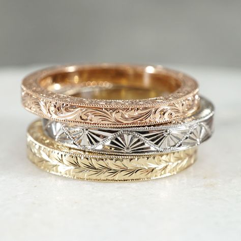 We offer a variety of hand engraving styles and have a talented hand engraver on staff.  Designed and created by Joseph Jewelry | Seattle, WA | Bellevue, WA | Online | Design Your Own Wedding Ring | #weddingring Jewelry Engraving, Wedding Art Deco, Hand Engraved Rings, Blue Sapphire Wedding Band, Unique Engagement Rings Rose Gold, Joseph Jewelry, Engraved Engagement Ring, Wedding Art, Engraved Jewelry