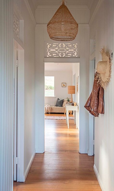 White entrance hallway in a renovated Queenslander in the Byron Bay hinterland of NSW | Photography: Morgan Kelly Queenslander Renovation, Queenslander House, Hallway Ideas Entrance Interior Design, Hallway Ideas Colour, Hallway Ideas Entrance Narrow, Australian Homes, Hallway Ideas, House Entrance, Home Reno