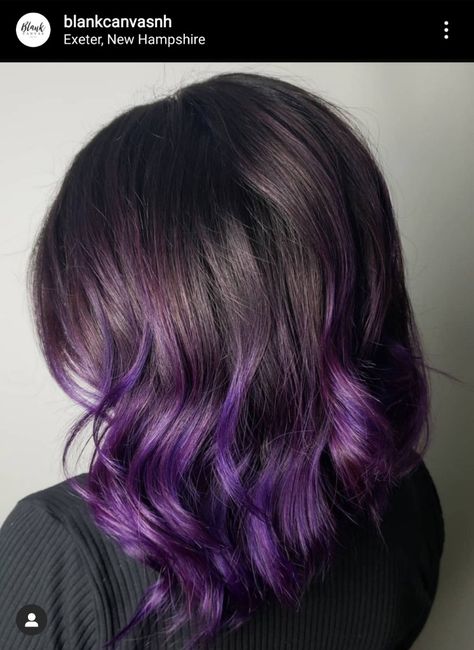 Short Purple Balayage Hair, Short Hair With Purple Ends, Medium Length Purple Balayage, Black Hair With Purple Curtain Bangs, Brown To Purple Balayage Short Hair, Short Brown Hair With Purple Tips, Brown To Purple Ombre Hair Medium Length, Shoulder Length Purple Hair Ombre, Brown To Purple Ombre Hair Short