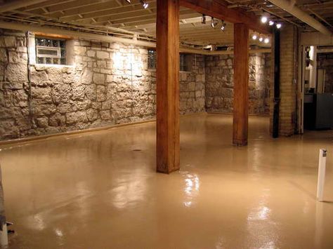 Basement : Decorative Basement Floor With Stone Wallbeautiful Basement  Ideas Wonderful Finishing Basement Ceiling Rustic Style Captivating Natural  Light ... Stone Basement, Unfinished Basement Decorating, Cheap Basement Remodel, Painting Basement Floors, Concrete Basement Floors, Low Ceiling Basement, Paneling Ideas, Basement Flooring Options, Floor Paint Colors