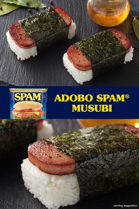 Try this peppery twist on our classic musubi recipe: slices of SPAM® classic are marinated in peppercorn and bay leaves to make it adobo-style! Spam Nigiri, Spam Musubi Sauce Recipes, Spam Musubi Bake, Hawaiian Spam Musubi Recipe, Garlic Spam Musubi, Musubi Spam, Musubi Recipe, Spam Recipes, Hormel Recipes