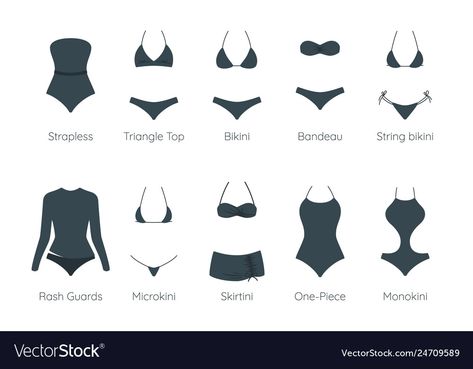 Different Swimsuit Types, Cute Bathing Suits Drawing, Swimsuit Types, Types Of Bikinis, Outfit Description, Character Guide, Bike Silhouette, Suit Drawing, Fashion Swimsuit