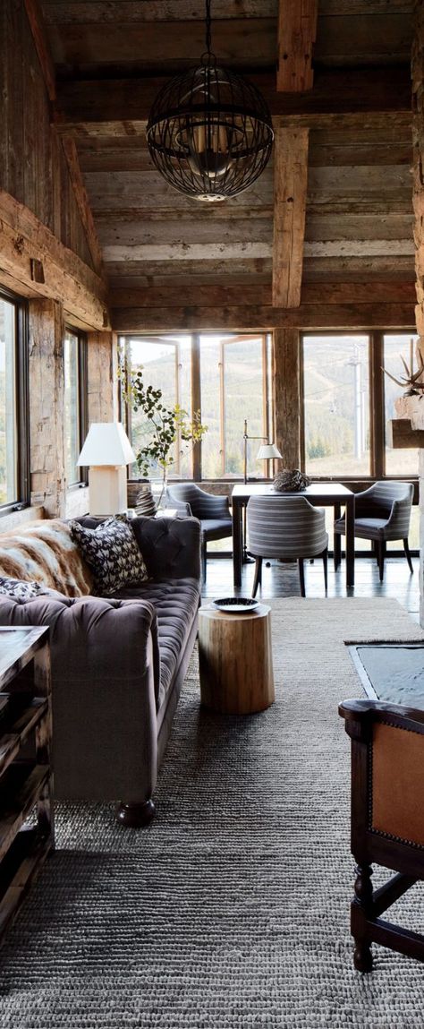 Masculine & Rustic Living Room, distressed wood with modern furniture Montana Lodge, Masculine Interior Design, Lodge Design, Masculine Interior, Montana Homes, Modern Rustic Decor, Lodge Cabin, Lodge Style, Mountain Lodge