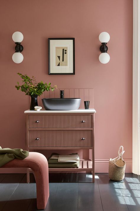 Walls, Skirting & Tiles: Hellebore™ 275. Intelligent Eggshell Vanity Unit: Blush™ 267. Intelligent Eggshell Window Trim: China Clay™ 1. Intelligent Eggshell Floor: Lamp Black™ 228. Intelligent Floor Paint Double Drenching, Bathroom Paint Inspiration, Colour Drenching, Painting Baseboards, Farrow & Ball, Pink Paint Colors, Painting Wooden Furniture, New Paint Colors, Dining Room Colors