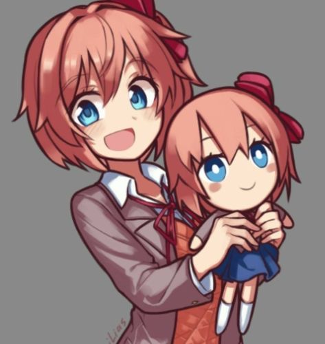 Sayori and sayori mini! 🧸🎧💗 Doki Doki Sayori, Ddlc Official Art, Literature Club Sayori, Doki Doki Literature Club Sayori, Sayori Doki Doki, Magical Girl Madoka, Ddlc Sayori, Sayori Ddlc, Oki Doki