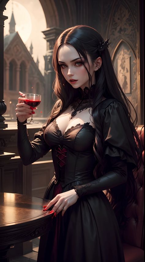 Gothic Palace, Woman In Black Dress, Glass Of Red Wine, Photorealistic Rendering, Under The Moonlight, Woman In Black, Hauntingly Beautiful, Jenna Ortega, Flawless Skin