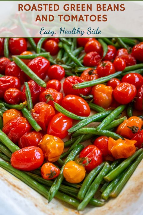 Savour the vibrant tastes of wholefoods in this Roasted Green Beans and Tomatoes creation – a delightful recipe highlighting the goodness of fresh green beans and ripe tomatoes. With easy preparation and a mere 5 wholesome ingredients, this roasted vegetable side dish promises a burst of flavour any season of the year! Wholefood Meals, Green Beans And Cherry Tomatoes, Pan Green Beans, Green Beans Tomatoes, Tomato Side Dishes, Green Bean Dishes, Veggie Side Dish, Beans And Tomatoes, Tomato Dishes