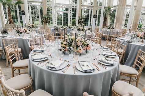 Syon Park Wedding, Adrianna Papell Bridesmaid, Grey Wedding Decor, Grey Tablecloths, Indoor Wedding Receptions, London Bride, Greenhouse Wedding, Summer Wedding Outdoor, Bohemian Flowers