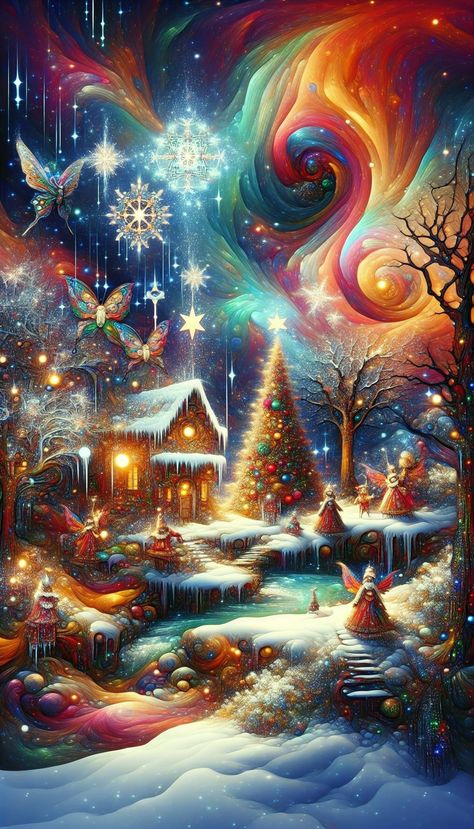 In a whimsical winter wonderland, a charming cottage and a vibrant Christmas tree celebrate the magic of the holiday season under the twinkling stars. December Magic, Snow Spirit, Christmas Moon, Holiday Iphone Wallpaper, Winter Moon, Winter Dance, Charming Cottage, Twinkling Stars, Winter Magic