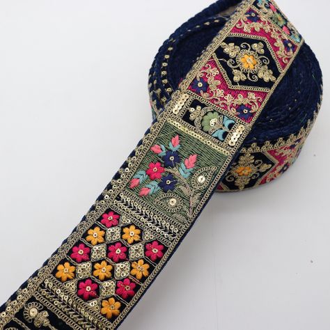 Gorgeous Multi Color Floral Embroidered Decor Lace Ribbon by the Yard, Sewing Crafting DIY Junk Journal, Bag Hat Trimming N.Blue Velvet Trim https://etsy.me/3GS6xqW #embroidery #yes #embroidertrim #draperytrim #sareebordertrim #navybluetrim #sewontrim #antiqueribbontri Embroidery Belt, Diy Belts, Velvet Dress Designs, Embroidery Design Download, Velvet Trim, Handwork Embroidery Design, Lace Border, Lace Ribbon, Antique Lace