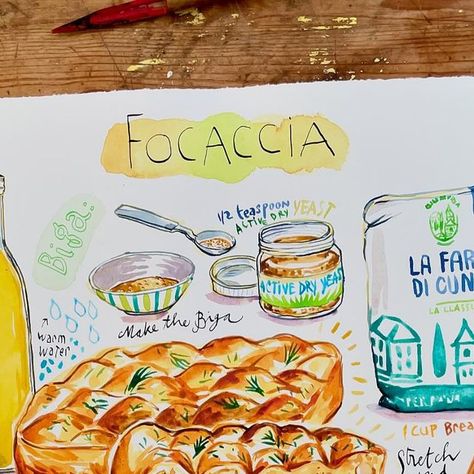 Focaccia Bread Recipe, Italian Bakery, Watercolor Food, Focaccia Bread, Italian Bread, Picnic Food, Picnic Foods, Kitchen Prints, Bread Recipe