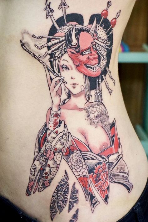 Crazy cool #Japanese #tattoo #pinup Japanese Geisha Tattoo, Pin Up Girl Tattoo, Geisha Tattoo, Bunny Tattoos, Japan Tattoo Design, Irezumi Tattoos, Asian Tattoos, Japanese Sleeve Tattoos, Pin Up Tattoos