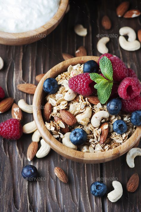 Homemade muesli with berry and nuts by OxanaDenezhkina. Homemade muesli with berry and nuts, selective focus #Sponsored #berry, #muesli, #Homemade, #nuts Muesli Homemade, Lightning Thief, Dining Etiquette, Homemade Muesli, Mixed Nuts, Business Flyer, Theme Party, Granola, Acai Bowl