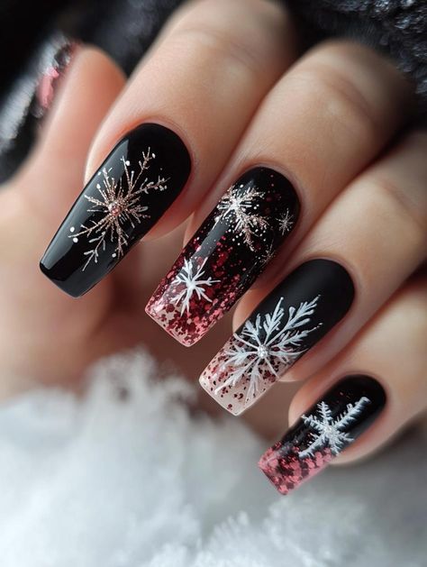 Indulge in the allure of 19 elegant black Christmas nail ideas that prove festive can be sophisticated. These designs offer a stylish alternative to traditional holiday colors, blending seasonal motifs with edgy charm. Learn how to incorporate glitter, metallic accents, and intricate patterns for a unique and eye-catching winter manicure. Black And Nude Christmas Nails, Red And Black Winter Nails, Winter Nail Designs Black, Black Christmas Acrylic Nails, Pretty Christmas Nail Designs, New Years Themed Nails, Christmas Black Nails, Dark Christmas Nail Designs, Matte Holiday Nails