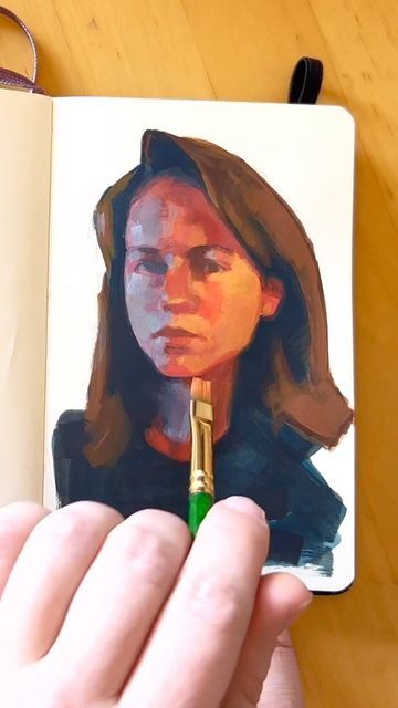 Christina Kent | Fine Art on Instagram: "Self portrait painting process ✨ acrylic gouache on #moleskine sketchbook. Check out my YouTube to see more of the process! #painting #paintingprocess #timelapse #selfportraot #portraitpainting" Reference Photos Painting, Portrait Painting Gouache, Gouache Self Portrait, Gouache Figure Painting, Acrylic Painting Practice, Acrylic Self Portrait, Pastel Portraits Faces, Gauche Portrait Painting, Gouche Painting Portrait