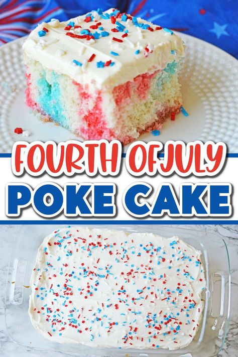 This 4th Of July Poke Cake Recipe is a delicious summer dessert that's perfect for Memorial Day or Fourth of July parties! Memorial Day Poke Cake Recipes, Memorial Day Poke Cake, Fourth Of July Poke Cake, Summer Dessert Recipes Chocolate, 4th Of July Poke Cake, Patriotic Poke Cake, Jello Poke Cake Recipe, Memorial Day Cake, Jello Cake Recipes