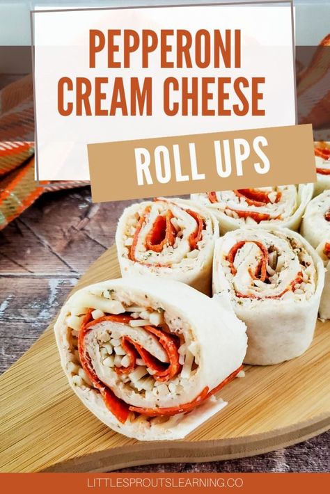 Tortilla Roll Ups Cream Cheese Pepperoni, Pepperoni Roll Ups Tortilla, Pepperoni Cream Cheese Rolls, Pepperoni Cream Cheese, Pepperoni Roll Ups, Pinwheel Appetizers Cream Cheese, Cream Cheese Roll Ups, Cream Cheese Pizza, Potion Recipes