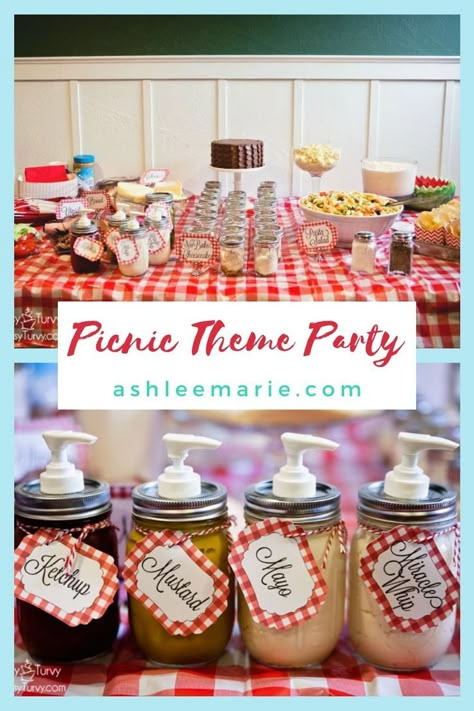 Picnic Theme Centerpiece Ideas, Picnic Themed Food, Picnic Theme Food Ideas, Picnic Theme Luncheon, Picnic Theme Party Favors, Bbq Picnic Birthday Party, Picnic Themed Decorations, Bbq Picnic Ideas Backyard Parties, Summer Picnic Theme Party