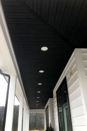 Black Patio Ceiling, Metal Porch Ceiling, Outdoor Living Kitchen, Belton House, California Room, Modern Porch, House Porch, House Addition, Porch Ceiling