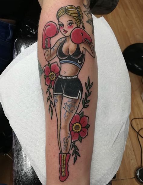 Boxer Tattoo, Boxing Tattoos, Girl Boxers, Pin Up Girl Tattoo, Pin Up Tattoos, American Traditional, Old School Tattoo, Love Tattoos