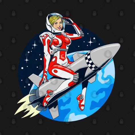 Space Girl Art, Astronaut Cartoon, Rockabilly Art, Space Character, Sci Fi Comics, Space Illustration, Rocket Girl, Biker Art, Space Girl