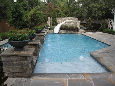 Backyard Pool With Slide, Pool With Slide, Moderne Pools, Rectangle Pool, Gravel Landscaping, Modern Pool, Pool Remodel, Pool Slide, Backyard Pool Landscaping