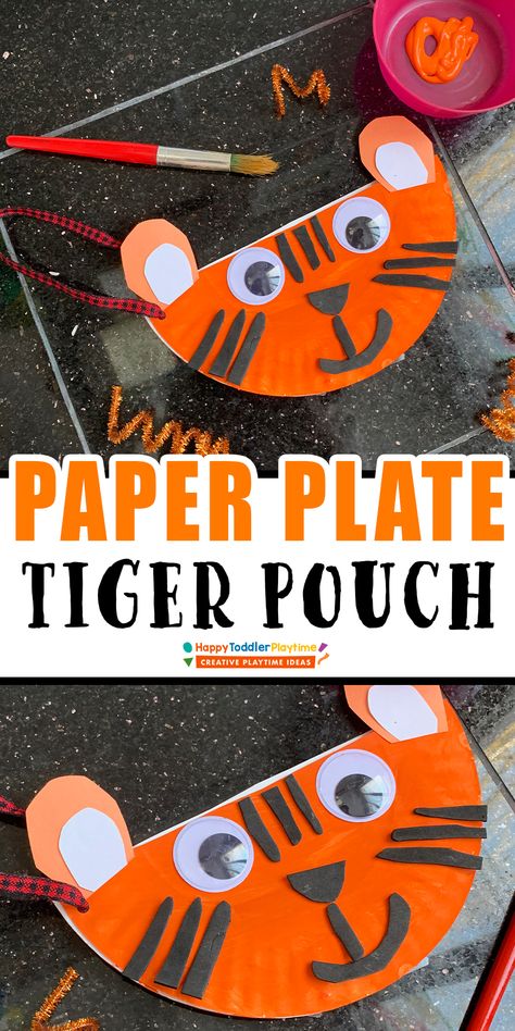 Paper Plate Tiger Pouch Craft for Kids - HAPPY TODDLER PLAYTIME The Tiger That Came To Tea Activities, Tiger Art Preschool, Tiger Preschool Craft, Tiger Crafts For Toddlers, Tiger Crafts For Preschool, Tiger Crafts For Kids, Lion Activities, Tiger Craft, Pencil Case Crafts