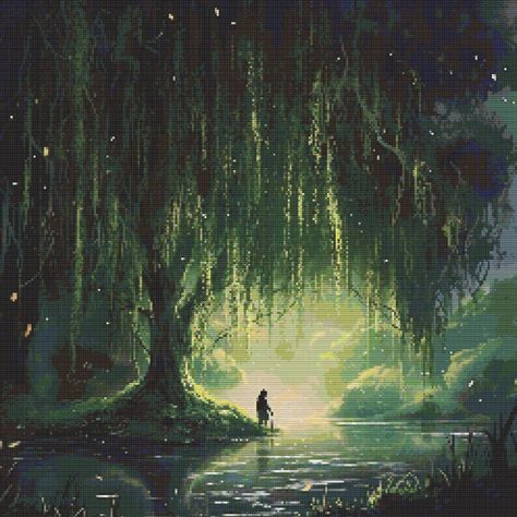 Weeping Willow Tree Scene 4 cross-stitch pattern digital download, printable PDF (colored and uncolored versions), 250 x 250, complete with list of needed cross-stitch floss/thread. Willow Tree Aesthetic, Willow Aesthetic, Willow Tree Phone Wallpaper, Weeping Willow Tree Aesthetic, Magical Willow Tree, Weeping Willow Painting, Magical Willow Tree Art, Fantasy Weeping Willow Tree, Willow Tree Art