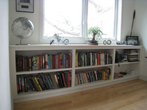 Long Low Bookcase, Bookshelves Ideas, Horizontal Bookcase, Low Bookshelves, Long Room, Low Bookcase, Decorating Bookshelves, Bookshelves In Living Room, Hardwood Furniture