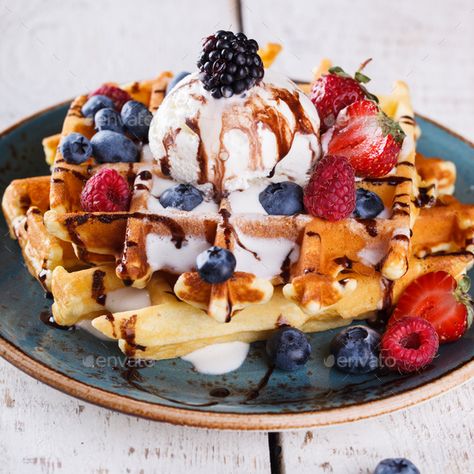 Belgian waffles with ice cream,fresh berries and chocolate sauce. by prosto_juli. Belgian waffles with ice cream,fresh berries and chocolate sauce. #Sponsored #ice, #cream, #Belgian, #waffles Waffles With Ice Cream, Kit Kat Recipes, Waffle Sundae, Sundae Recipes, Sweet Crepes, Waffle Ice Cream, Chocolate Waffles, Waffle Cake, Waffle Toppings