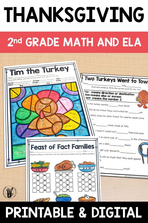 Get tons of books, ideas, and tips for celebrating Thanksgiving in the classroom with fun turkey and food themed activities! Easily celeberate Thanksgiving in your second grade classroom with no prep and digital math and ELA activities, centers, and a writing craft! Thanksgiving In The Classroom, Second Grade Games, Thanksgiving Grammar, Turkey Writing, Thanksgiving Classroom, November Activities, Thanksgiving Words, Books Ideas, Thanksgiving Math