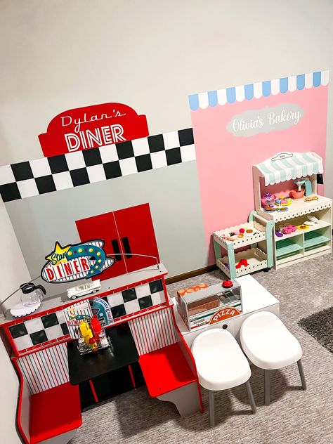 Playroom Restaurant Ideas, Role Play Playroom, Pretend City Playroom, Pretend Play Village, Melissa And Doug Diner Makeover, Playroom Town Ideas, Mini Town Playroom, Pretend Town Playroom, Pretend Play Area At Home