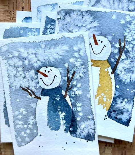 Watercolor Snowmen Christmas Cards, Snowman Watercolor Christmas Cards, Watercolour Snowman, Watercolor Snowmen, Watercolour For Kids, Watercolor Snowman, Watercolor Christmas Cards Diy, Winter Art Lesson, Painted Christmas Cards