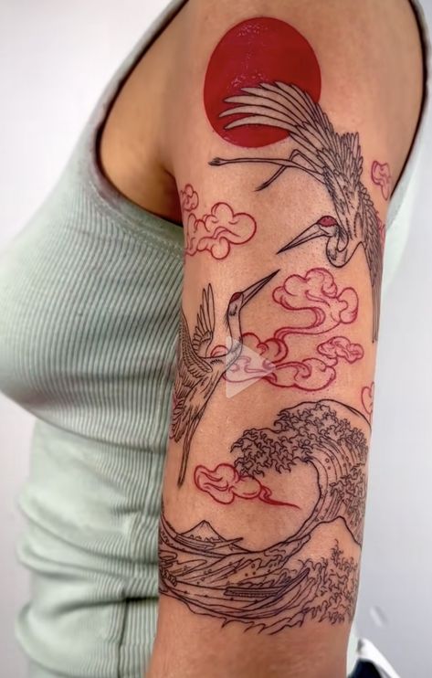 Geisha Sleeve Tattoos For Women, Anime Arm Tattoo For Women, Sumigashi Tattoo, Waves Sleeve Tattoo, Red Cloud Tattoo, Shin Tattoos For Women Ideas, Japanese Culture Tattoo, Red And Black Tattoo Sleeve, Asian Tattoos For Women