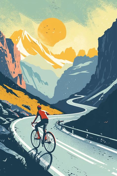 🎁🌟Travel Wall Art with Midjourney Prompts - Follow the Link in my Bio🤩🔗 Cycling Illustration Graphics, Cycle Sketch, Cycling Painting, Cycle Painting, Transport Art, Bike Illustration, Sport Branding, Riding A Bike, Cycling Art