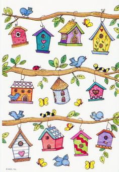 VTG BIRD HOUSES STICKER SHEET BY AMERICAN GREETINGS Birds House Drawing, Paintings Of Bird Houses, Watercolor Bird Houses, Bird Houses Drawing, Birdhouse Drawing Simple, Whimsical Houses Drawing, Whimsical House Drawing, Bird House Illustration, Bird House Drawing