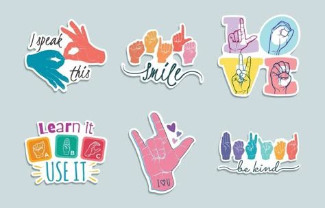 Sign Language Colorful Stickers Pack Sign Language Stickers, Sign Language Logo Design, Sign Language Design, Sign Language Illustration, Asl Stickers, British Sign Language Alphabet, English Sign Language, International Sign Language, Indian Sign Language