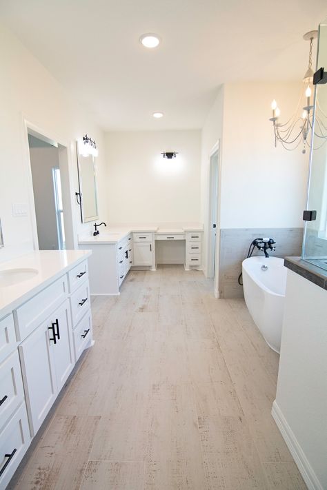 Split Vanity Master Bath, Small Master Bath Layout, Separate Vanities In Master Bath, Master Suite Layout, Large Bathroom Remodel, Master Bath Layout, Rustic Bathroom Shower, Built In Vanity, Master Suite Bathroom