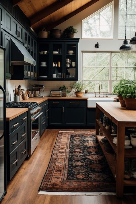 40+ Aesthetic Moody Farmhouse Kitchen Ideas Dark Rustic Farmhouse, Fairy Cabin, Black Farmhouse Kitchen, Dark House Aesthetic, Dark Academia Kitchen, Moody Farmhouse, Cottage Core Kitchen, Moody Interior Design, 40 Aesthetic