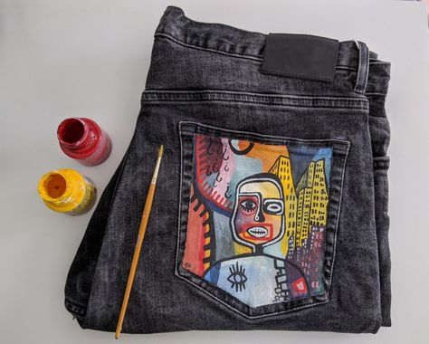 Jean Pocket Designs Painting, Painted Jean Pockets Ideas Aesthetic, Customised Jeans Paint, Customising Jeans, Jean Painting Ideas Pocket, Customised Jeans, Diy Jeans Ideas, Handpainted Jeans, Jean Custom