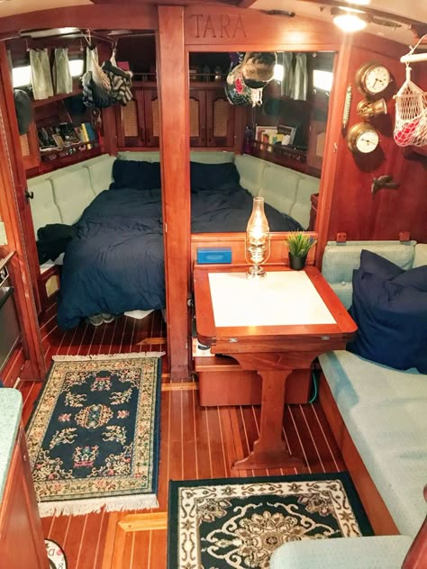 Sailboat Interior Decorating Ideas, Live Aboard Sailboat Interiors, Boat Living Interior, Living On Sailboat, Sailing Boat Interior Ideas, Live Aboard Boats Interiors, Sailboat Decorating Ideas, Boat Renovation Interior Design, Living In A Boat