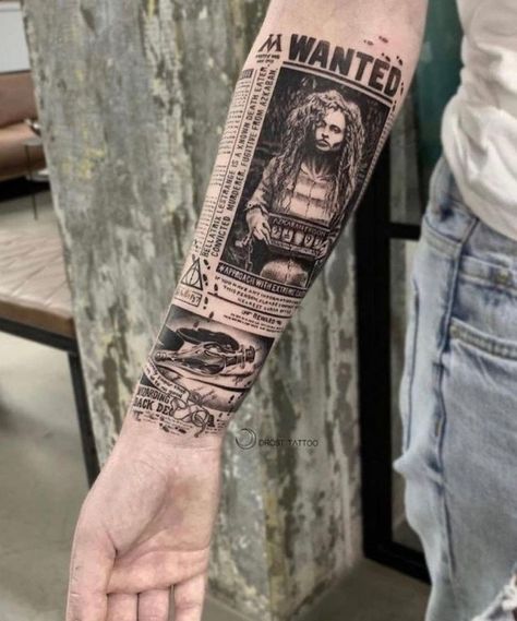 Harry Potter Daily Prophet Tattoo, Daily Prophet Tattoo, Harry Potter Newspaper Tattoo, Newspaper Tattoo Ideas, Newspaper Tattoo, Harry Potter Tattoo Sleeve, Harry Potter Sleeve, Tattoo Harry Potter, Pop Culture Tattoos