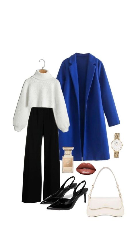 Add a pop of color to your fall look. #fallinspooutfit #royalblue #coatoutfit #classy Outfit Color Palette, Royal Outfits Classy, Disney Princess Outfits, Mother Of The Bride Dresses Long, Fashion Shoes Heels, Shein Outfits, Causal Outfits, Royal Outfits, Pretty Prom Dresses